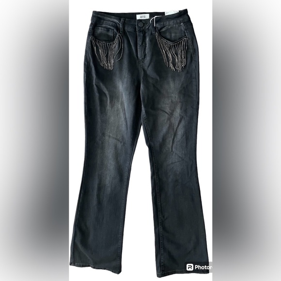 Black jeans with rhinestone fringe pockets NWT size 10 - Picture 3 of 12